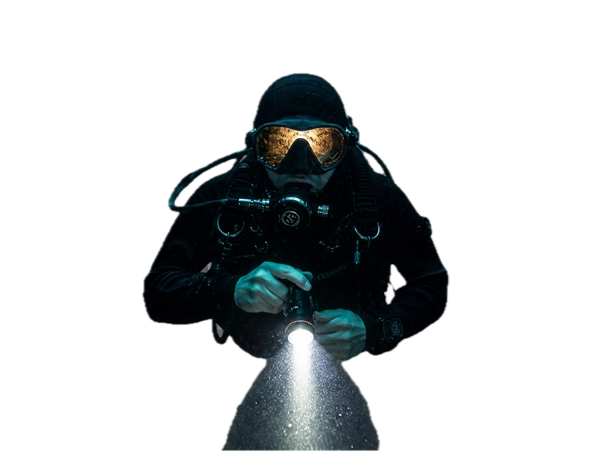 A scuba diver in dark water, illuminated by the beam of their primary torch — the central character of this site's depth journey.